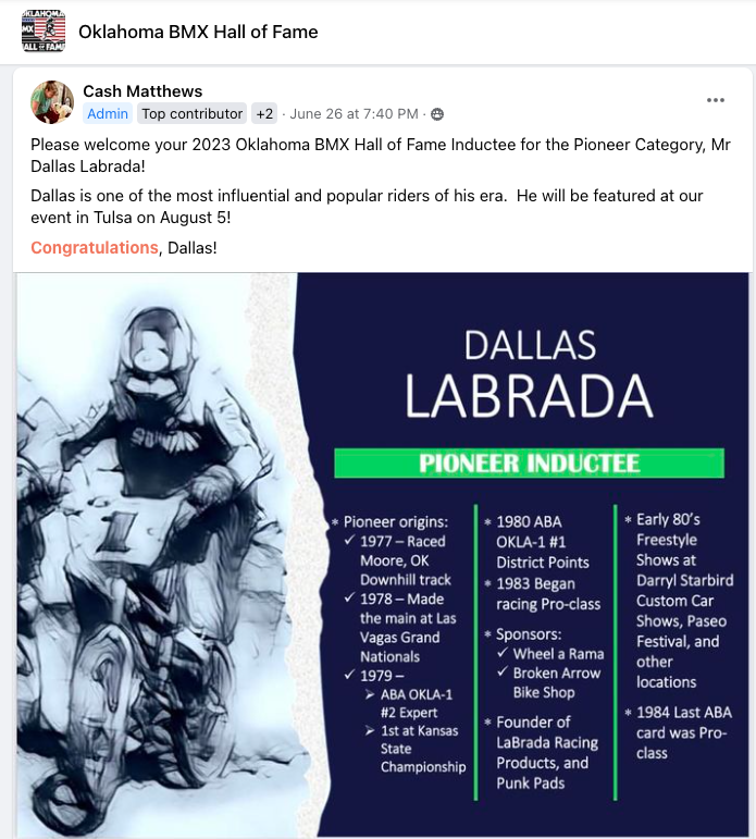 Dallas Labrada announcement to Oklahoma BMX Hall of Fame