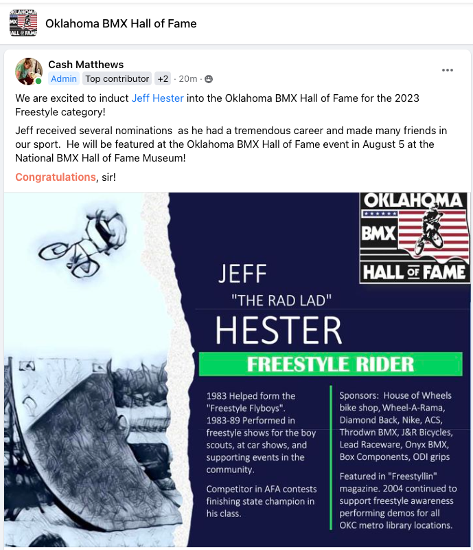 Jeff Hester announcement to Oklahoma BMX Hall of Fame